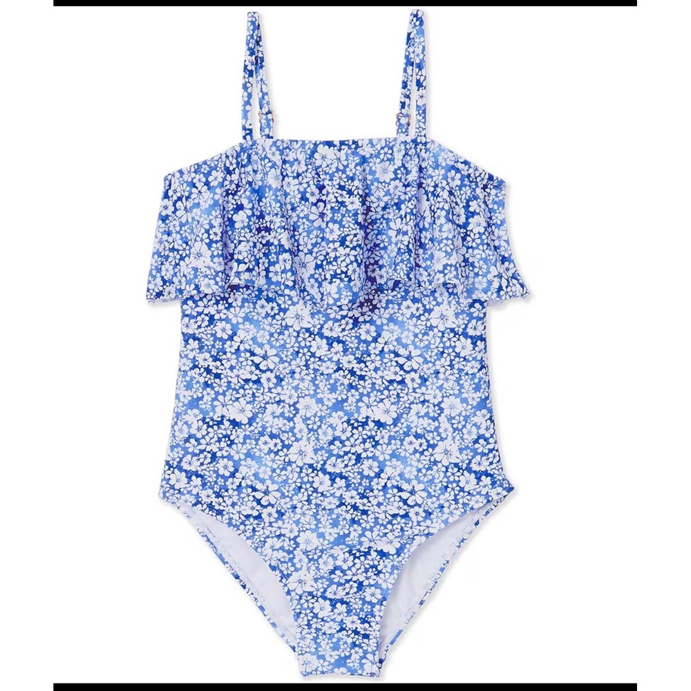 Raisins Girls Blue Floral Ruffle One Piece Swimsuit Back Cutout Size 10 - Picture 1 of 11